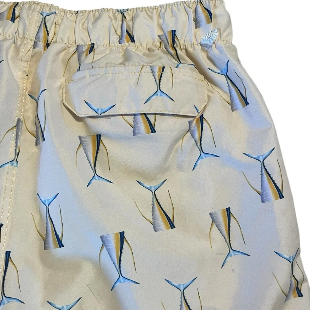 Salty Squad Men’s Pale Yellow Tuna Tail Swim Trunks, Lined, Size Large, EUC‎